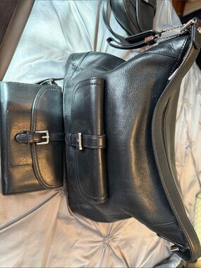 Coach Black Leather  Bag with Front Buckle Pocket and wallet bundle